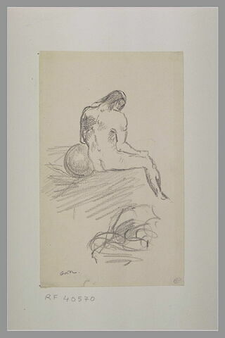 Figure nue, assise, vue de dos, avec près d'elle, un boulet