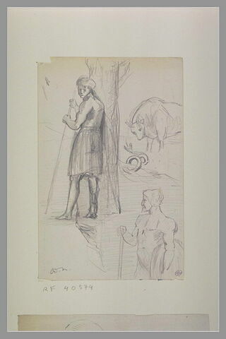 Adolescent contre un arbre tenant un bâton ; taureau et serpent ; homme nu, image 1/1