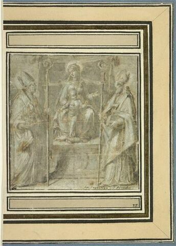 Vierge à l'Enfant, sur un trône, adorés par saint Pétrone et saint Éloi, image 1/2