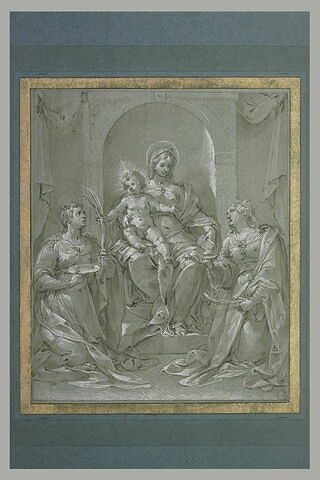 Sainte Lucie et sainte Agathe agenouillées devant la Vierge et l'Enfant