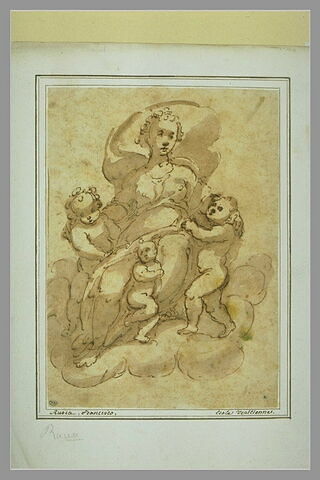 La Vierge assise sur les nuages, entourée de trois angelots