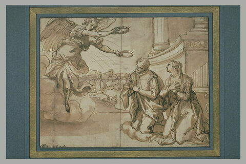 Un ange couronnant sainte Cécile et saint Valérien