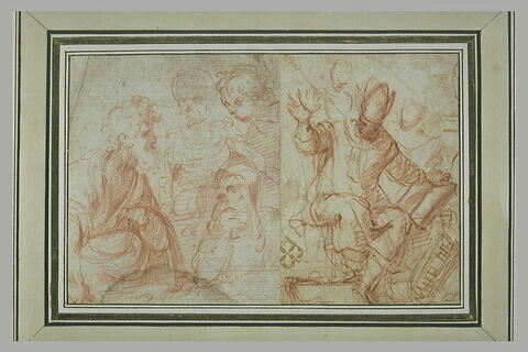 Les trois âges de l'homme face à la Mort ou La Mort apparaissant à trois philosophes ; évêque assis tenant un livre et esquisse de deux figures