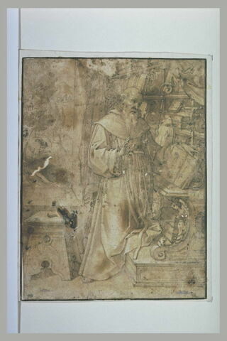 Un franciscain lisant sur un lutrin, dans une bibliothèque, image 2/2