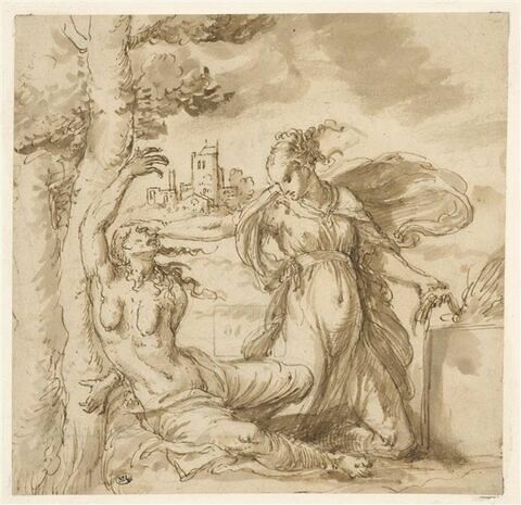 Scène allegorique avec une femme attachée à un arbre, martyrisée...