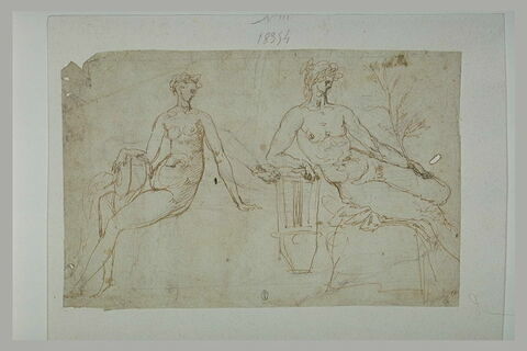 Deux femmes nues, l'une tenant un vase renversé, et l'autre une branche