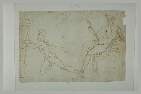 Un homme nu et une femme nue, tenant une branche dans la main