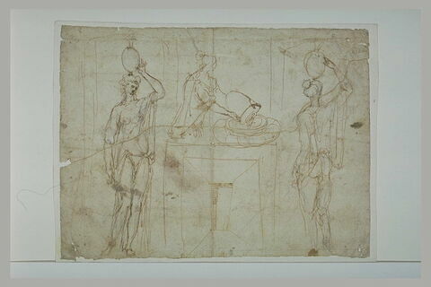 Deux femmes portant un vase sur la tête, et une troisième vidant un vase, image 1/1