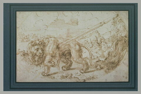 Un lion dans un paysage, mourant, blessé par un javelot, image 1/1