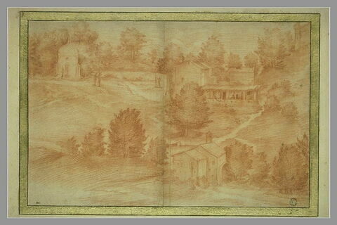 Paysage avec un moulin, une maison entourée d'arbres et des personnages, image 1/1