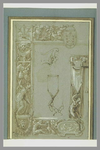 Bordure de tapisserie avec les armes des Farnese et deux croquis, image 1/1