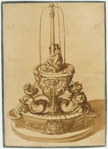 Etude de fontaine : femme avec un lion au pied d'une colonne