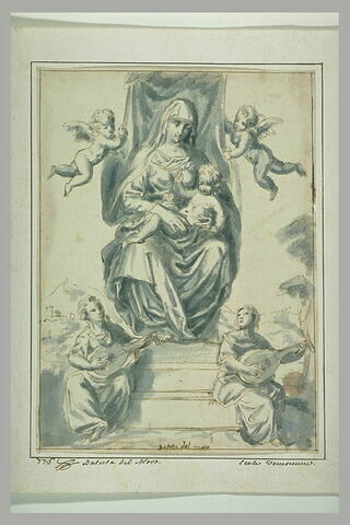 La Vierge tenant l'Enfant Jésus, assise sur un trône et entourée d'anges