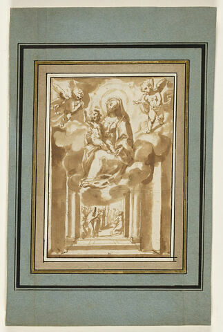 Apparition de la Vierge avec l'Enfant Jésus sur des nuages à des priants