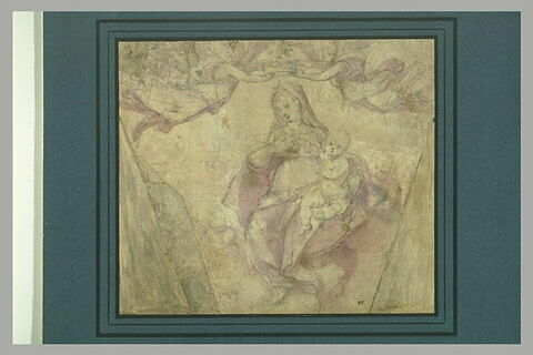 La Vierge assise, tenant l'Enfant, couronnée par deux anges, image 1/1
