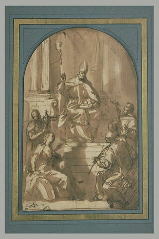 Saint Nicolas trônant devant quatre saints