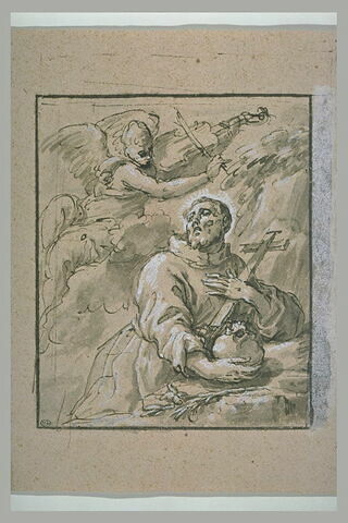 Saint François, tenant un crucifix, consolé par un ange violoniste