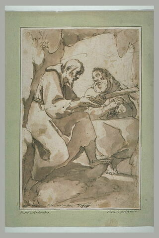 Saint François et un religieux assis dans une grotte méditant