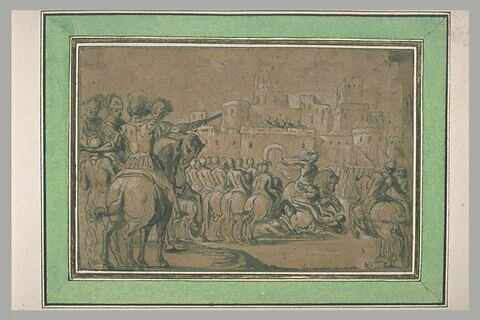 Duel de guerriers sous les murs d'une ville, en présence de deux armées