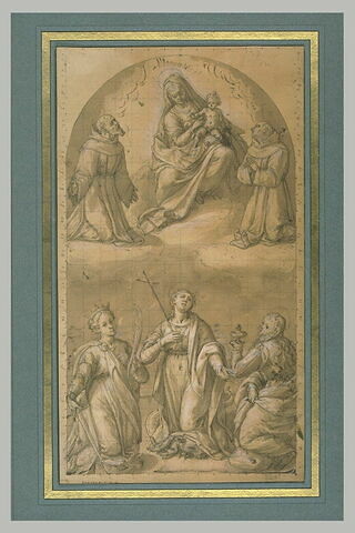 Vierge à l'Enfant entre deux saints franciscains, au-dessus de trois saintes