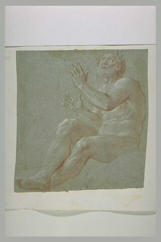 Un homme courronné, nu, assis, levant les bras et les yeux au ciel : le roi David, image 1/1