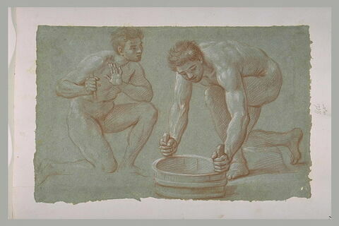 Deux hommes nus , l'un tenant un baquet, l'autre un baton, image 1/1