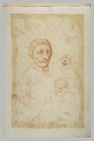 Nombreuses petites figures et tête d'homme portant une moustache
