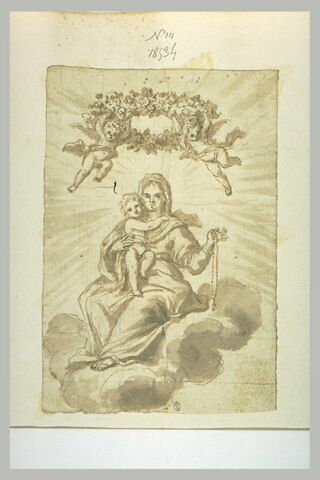 Deux anges couronnant la Vierge tenant l'Enfant et un rosaire