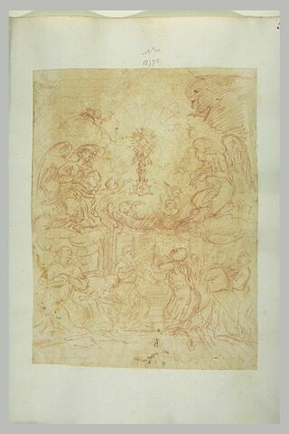 Saints à genoux adorant la monstrance sur des nuages entourée d'anges, image 1/1