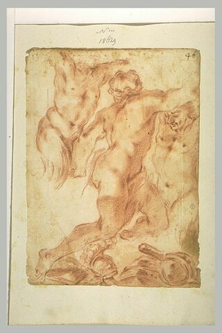 Un homme nu, vu de dos, s'élançant, deux demi-figures nues, des armes, image 2/2