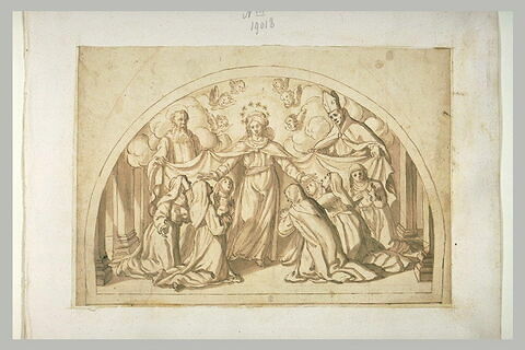 Vierge, entouré de deux saints, abritant des religieuses sous son manteau, image 1/1