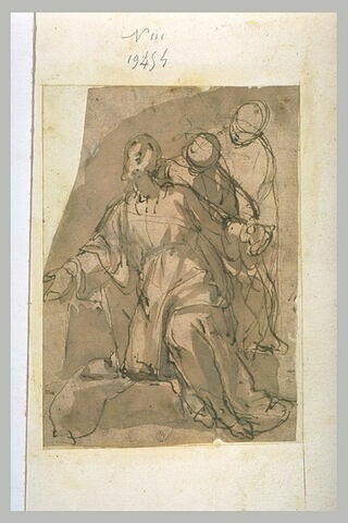 Figure agenouillée, en prières, et deux autres personnages, image 1/1