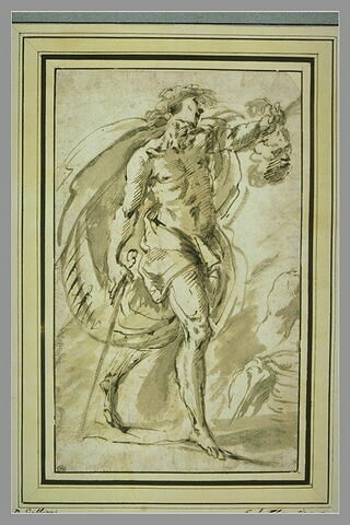 David tenant la tête de Goliath ; deux croquis d'anatomie d'épaule et de bras droit