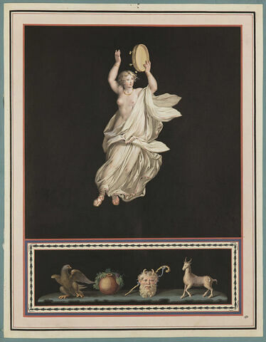 Jeune fille jouant du tambour, dans les airs ; aigle, masque, licorne