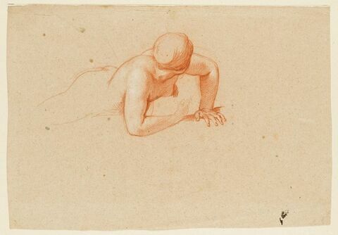 Femme nue, allongée à terre, s'appuyant sur sa main gauche, image 1/2