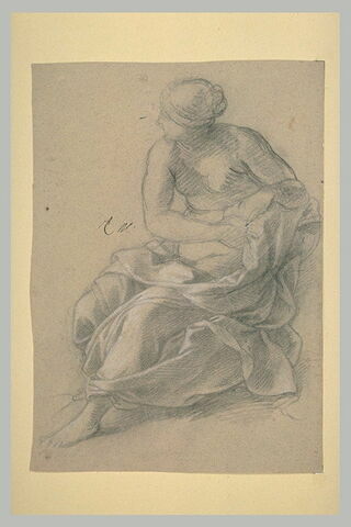 Femme demi nue, assise, tournée vers la gauche, image 1/1