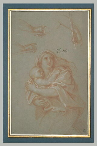 Femme drapée tenant un enfant. Trois études d'une main, image 1/1