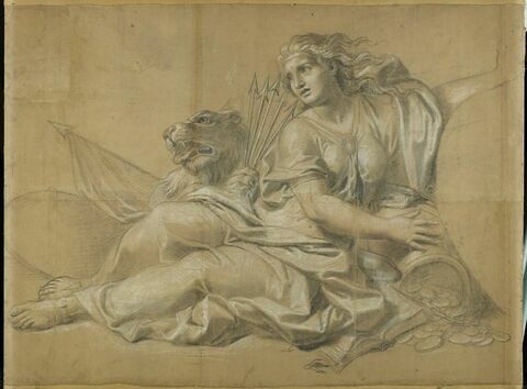 Femme drapée assise, ayant près d'elle un lion