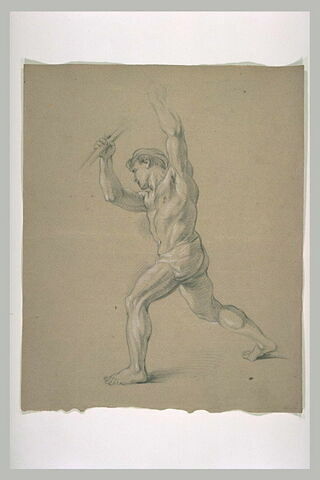 Homme demi-nu, avançant vers la gauche, les deux bras levés, image 1/1