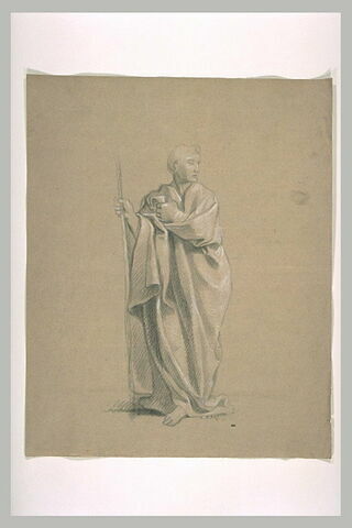 Homme debout, drapé, tenant un bâton, image 1/1