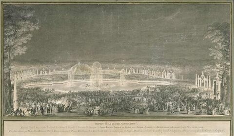 La grande illumination du parc de Versailles lors des fêtes du mariage du Dauphin Louis XVI et de l'archiduchesse d'Autriche Marie-Antoinette, le 19 mai 1770