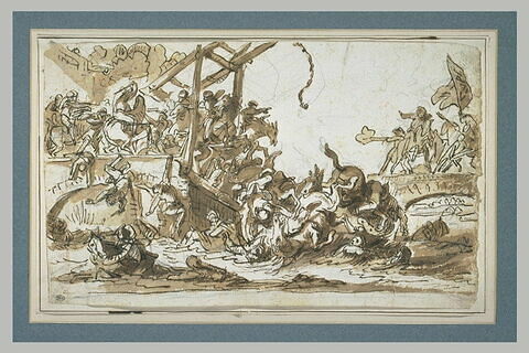 Cavaliers tombant dans l'eau après l'effrondrement d'un pont-levis, image 1/1