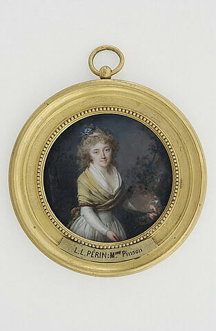 Portrait de Mme Pinson, debout, de face, tenant une palette et des pinceaux.