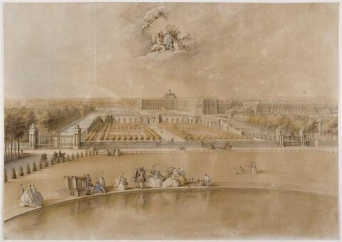 Vue de l'orangerie et du château de Versailles prise de la pièce d'eau des Suisses.., image 1/1