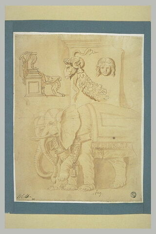 Feuille d'études : siège antique, un autel et deux éléphants, image 2/3