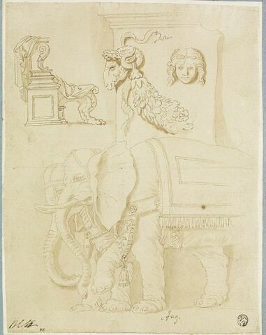 Feuille d'études : siège antique, un autel et deux éléphants, image 3/3