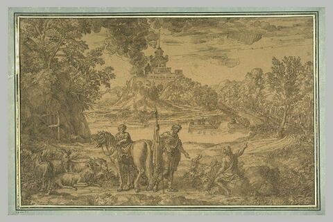 Paysage avec un berger guidant un cavalier appuyé sur sa lance
