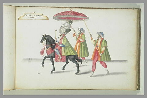 Entrée du 'Grand Seigneur' : deux figures debout et un cavalier, image 1/1