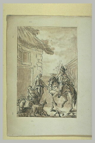Un chevalier monté sur un cheval arrivant devant une chaumière, image 1/1