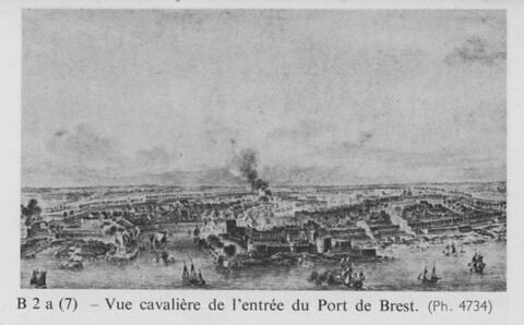 Vue générale du port de Brest, vue cavalière prise devant le château et l'entrée de la Penfeld